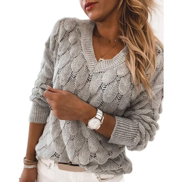 Sweaters - Women's V Neck Knit Sweater Lightweight Long Sleeve Casual Pullover